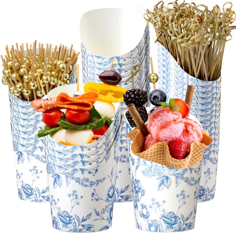 Tioncy 250 Pcs Charcuterie Cups with Cocktail Picks Sets Bridal Shower Decoration 50 Charcuterie Cups with 200 Sticks for Wedding Baby Shower Floral Boho Witch Party DecorationsBlueFlower